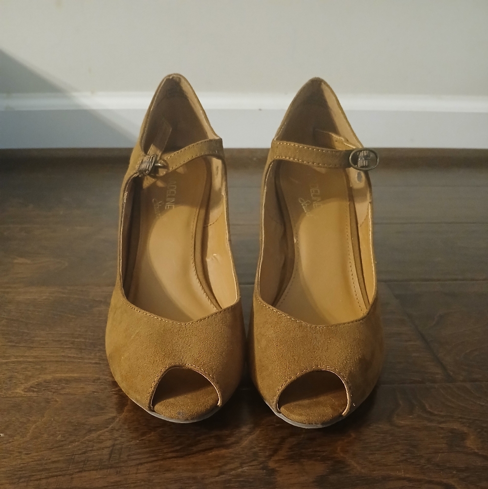 Women's Coffee Brown  Round  Peep Toe Strap Low Wedge Platform Heel Shoes